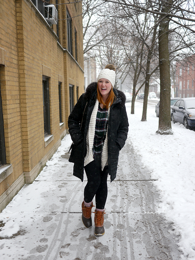 Playful Winter Layers: Puffer Coat with Plaid and Pom-Pom Beanie — Chicago Winter Outfits
