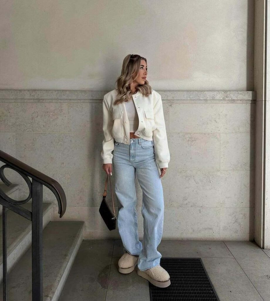 Bomber Jacket and Crop Top with Beige Ugg Platform Slippers — Ugg Slippers Outfits