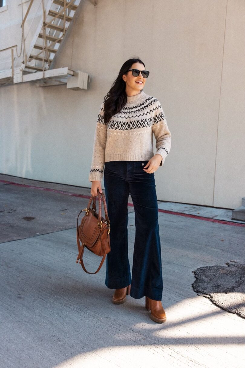 Casual Evening Fair Isle Sweater with Velvet Wide-Leg Pants Casual Evening Fair Isle Sweater with Velvet Wide-Leg Pants — Fair Isle Sweater Outfits