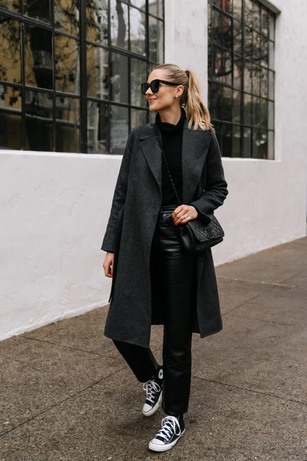 Classic Cool: Wool Coat and Leather Pants with Converse Classic Cool: Wool Coat and Leather Pants with Converse — Winter Outfits with Sneakers
