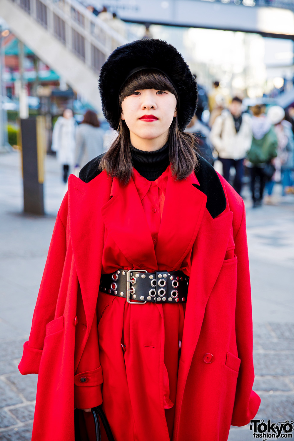 Vibrant Red Coat Cinched with a Studded Belt — Japan Winter Outfits