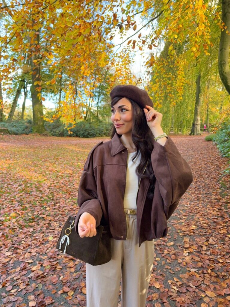 Cozy Fall Vibes: Brown Beret with Suede Jacket — Beret Outfits