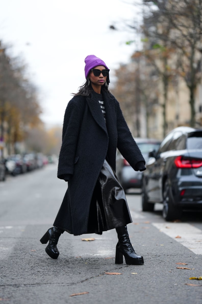 Textured Black Coat with Shiny Midi Skirt and Platform Boots — Winter Streetwear Outfits