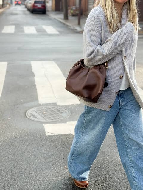 Light Grey Ribbed Cardigan with Wide-Leg Denim — Cardigan Outfits