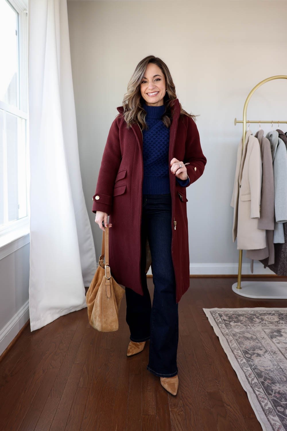 Burgundy Wool Coat Over Navy Sweater and Flared Jeans — Casual Winter Outfits