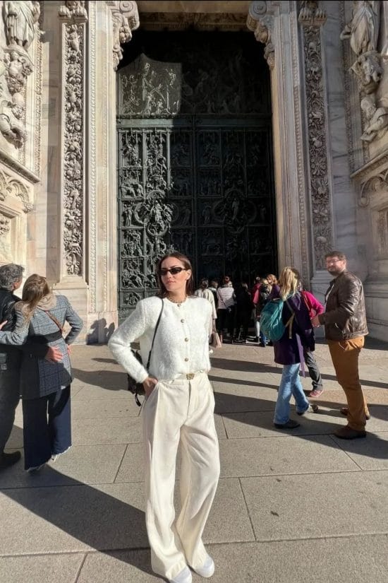 Cream Wide-Leg Trousers and Cardigan for a Chic Sightseeing Outfit — Italy Winter Outfits