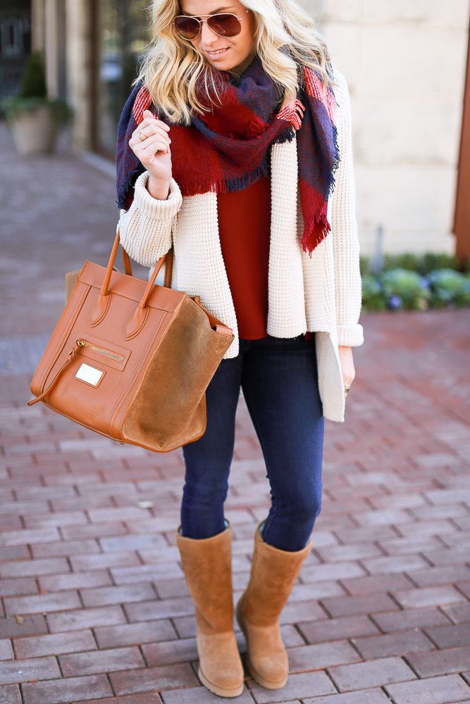 Autumnal Uggs with Cardigan and Plaid Scarf — Ugg Boots Outfits