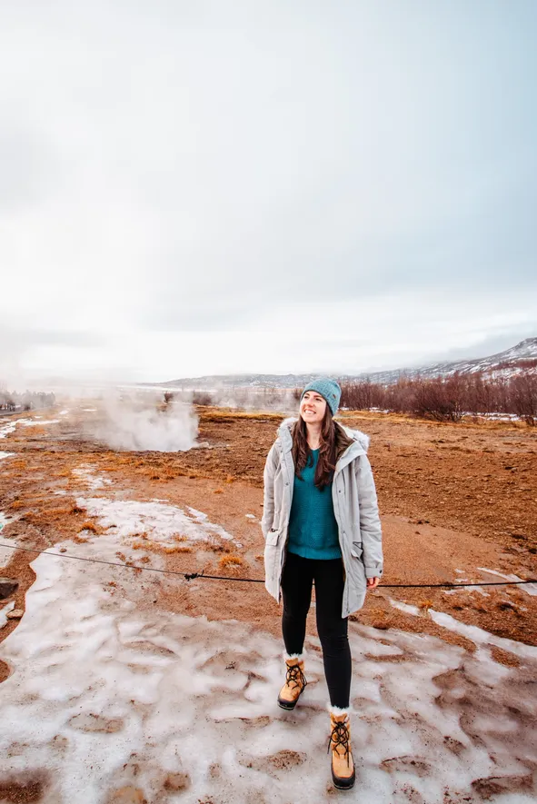 Practical Grey Puffer Coat and Teal Top — Iceland Winter Outfits