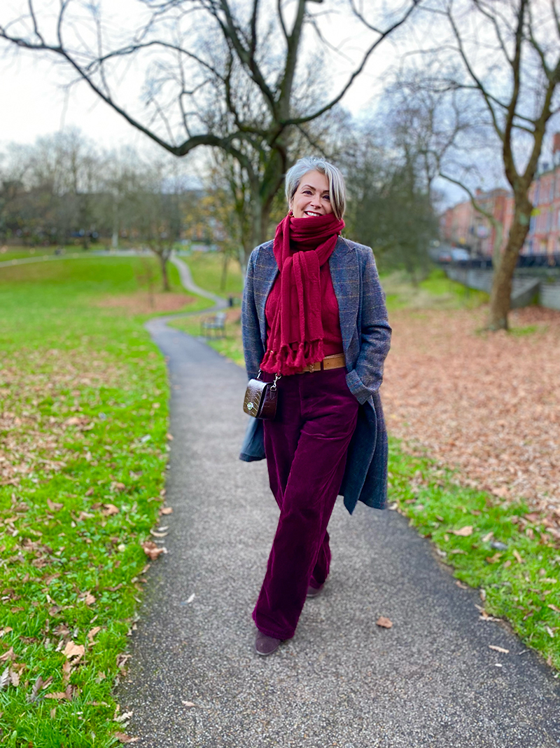 Burgundy Corduroy Trousers and Patterned Coat for a Textured Look — Late Winter Outfits