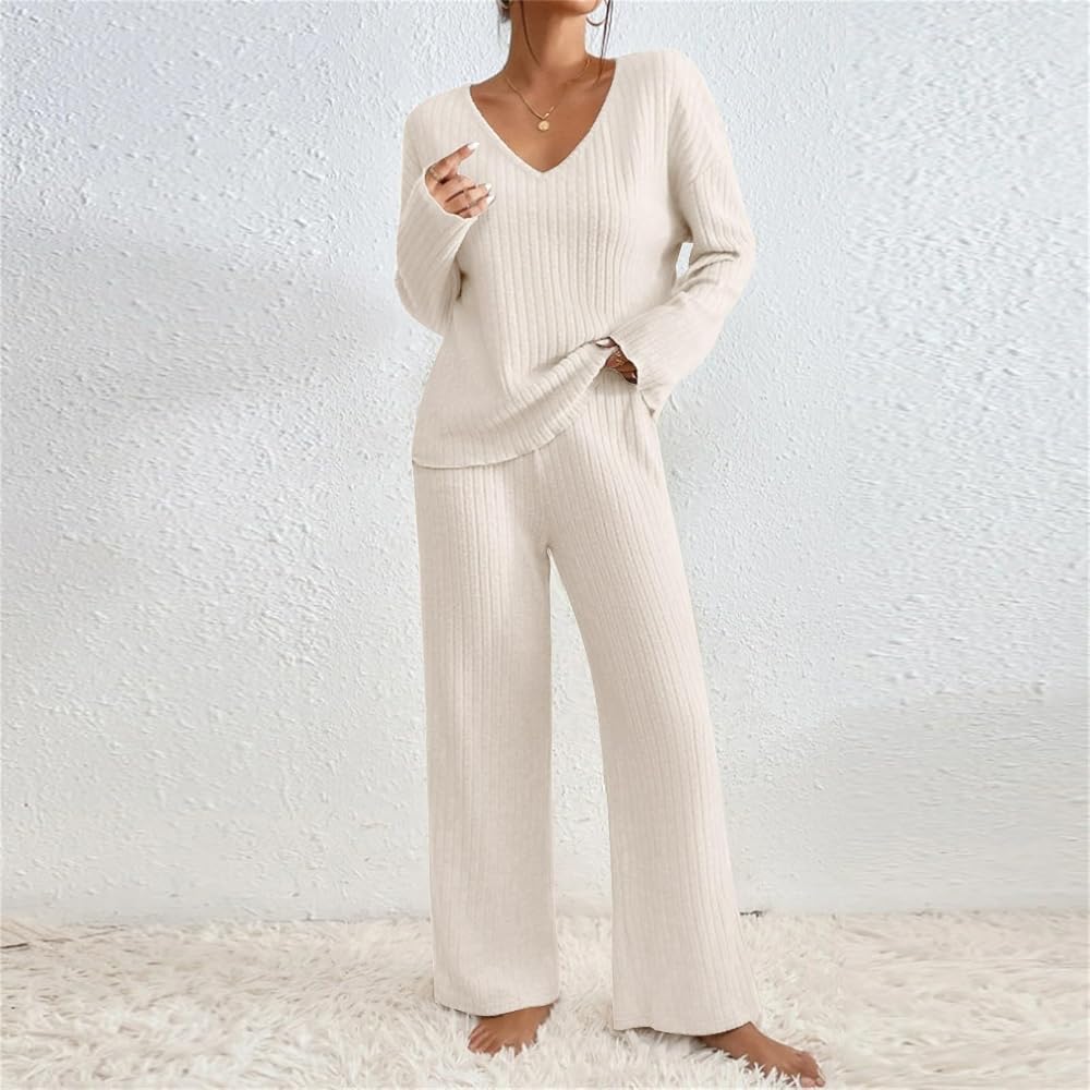 Cream Ribbed Knit V-Neck Sweater and Wide-Leg Pants — Knit Set Outfits