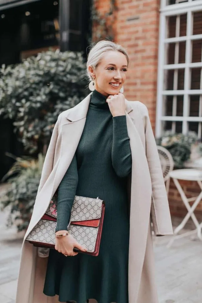 Elegant Dark Green Turtleneck Dress with a Chic Beige Coat — Early Winter Outfits