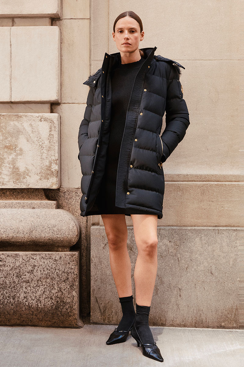 Black Hooded Puffer Parka Over a Knit Mini Dress — Parka Outfits