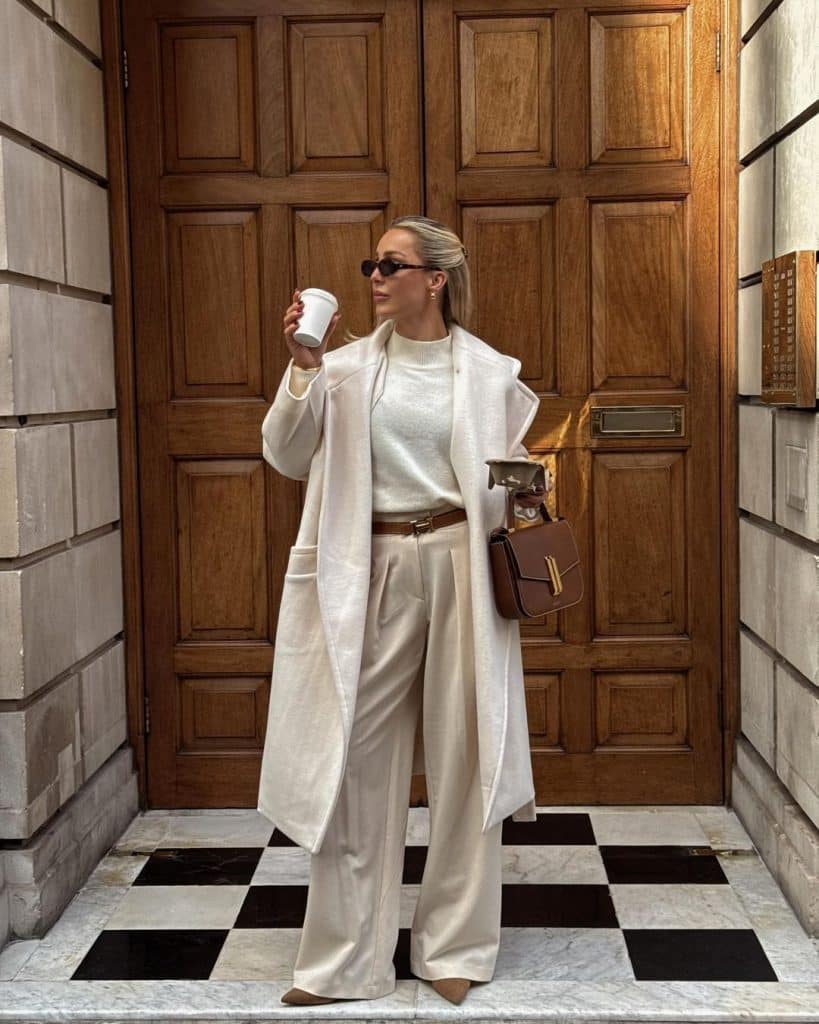 Monochromatic Cream and Beige Ensemble with Longline Coat — Dressy Winter Outfits