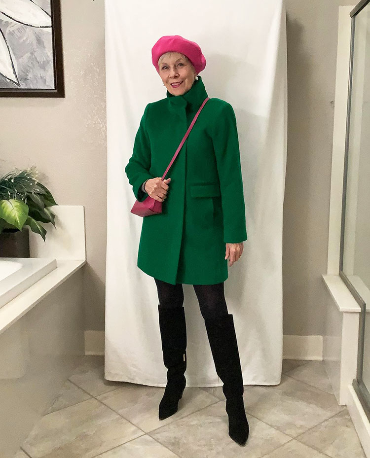 Emerald Green Wool Coat with Hot Pink Accessories — Colorful Winter Outfits