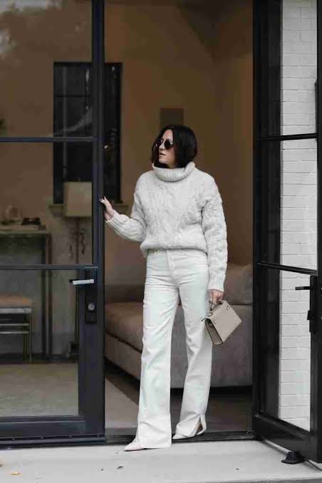 Cable-Knit Wool Smooth Twill Outfit Idea — Winter White Outfits