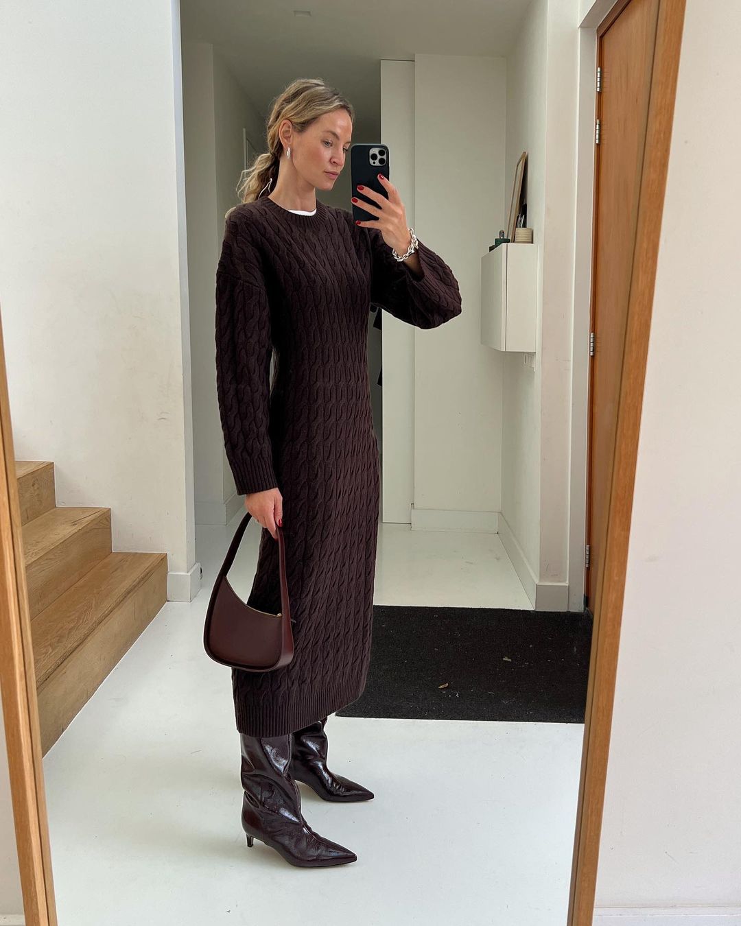 Dark Brown Cable-Knit Midi Dress with Knee-High Boots — Winter Dress Outfits
