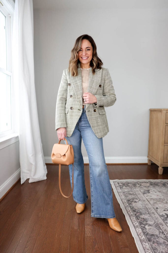 Flare Jeans with Herringbone Blazer and Ankle Boots — Winter Outfits with Jeans