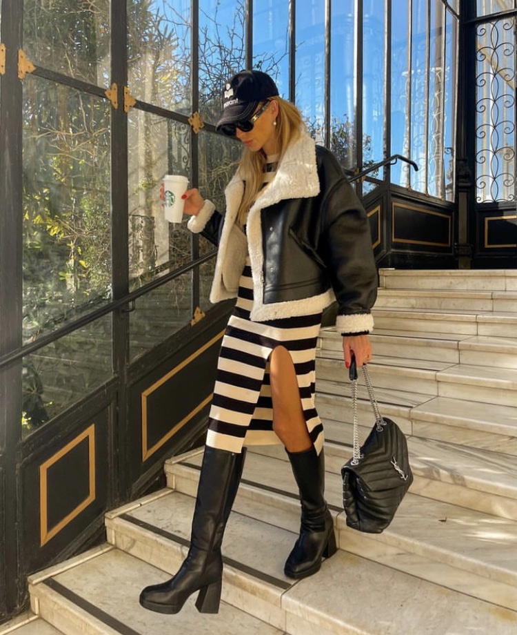 Striped Knit Dress with Faux Leather Jacket for Brunch — Winter Brunch Outfits