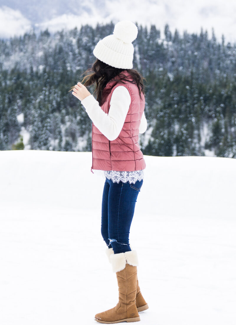 Pink Puffer Vest and Lace Top with UGG-Style Boots Pink Puffer Vest and Lace Top with UGG-Style Boots — Snow Boots Outfits
