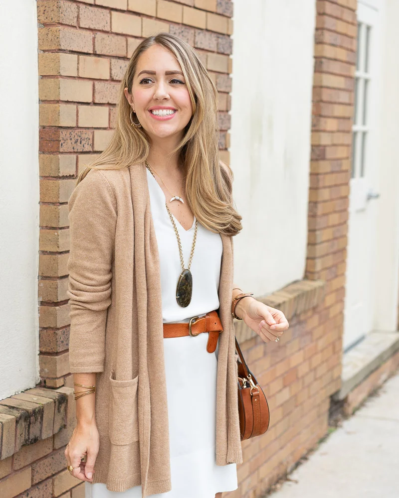 Camel Cardigan Over White Dress with Belt Camel Cardigan Over White Dress with Belt — Cardigan Outfits