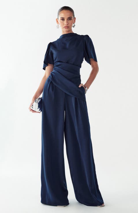 Navy Blue Satin Jumpsuit with High Neckline Navy Blue Satin Jumpsuit with High Neckline — Winter Wedding Guest Outfits