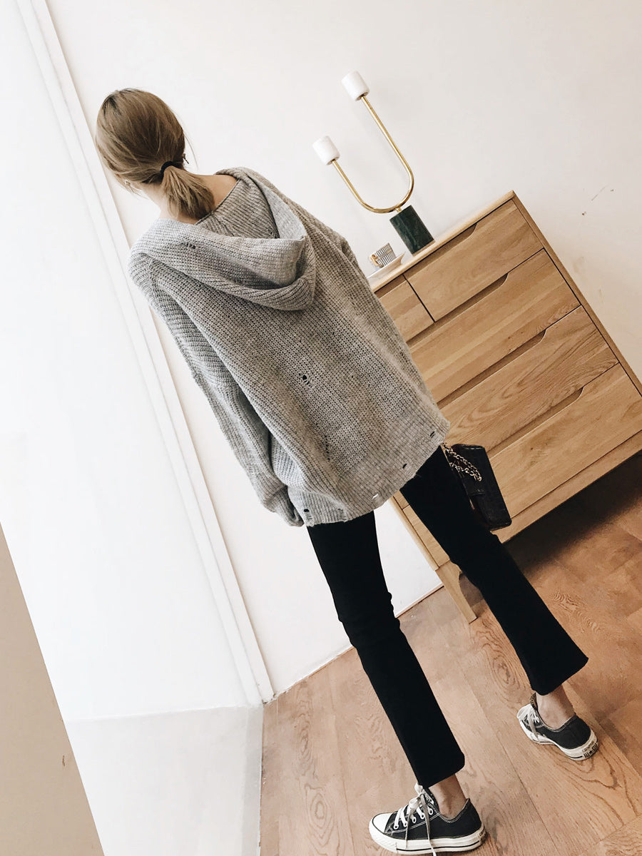 Grey Distressed Hoodie with Black Jeans and Sneakers — Oversized Sweater Outfits