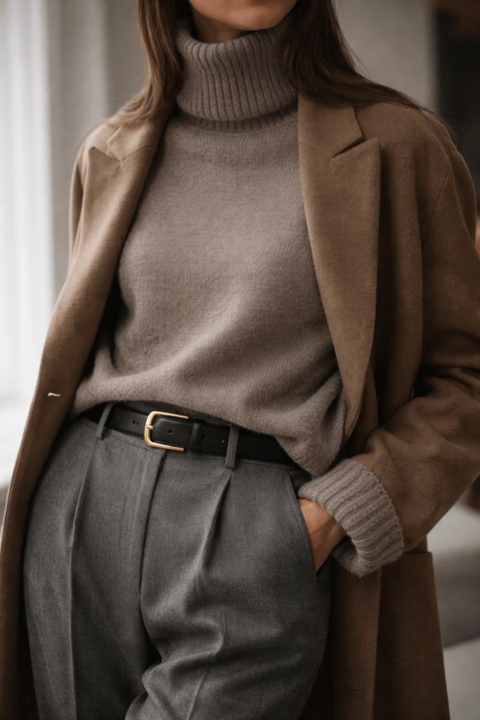 Camel Coat with Textured Turtleneck and Pleated Trousers — Winter Capsule Wardrobe