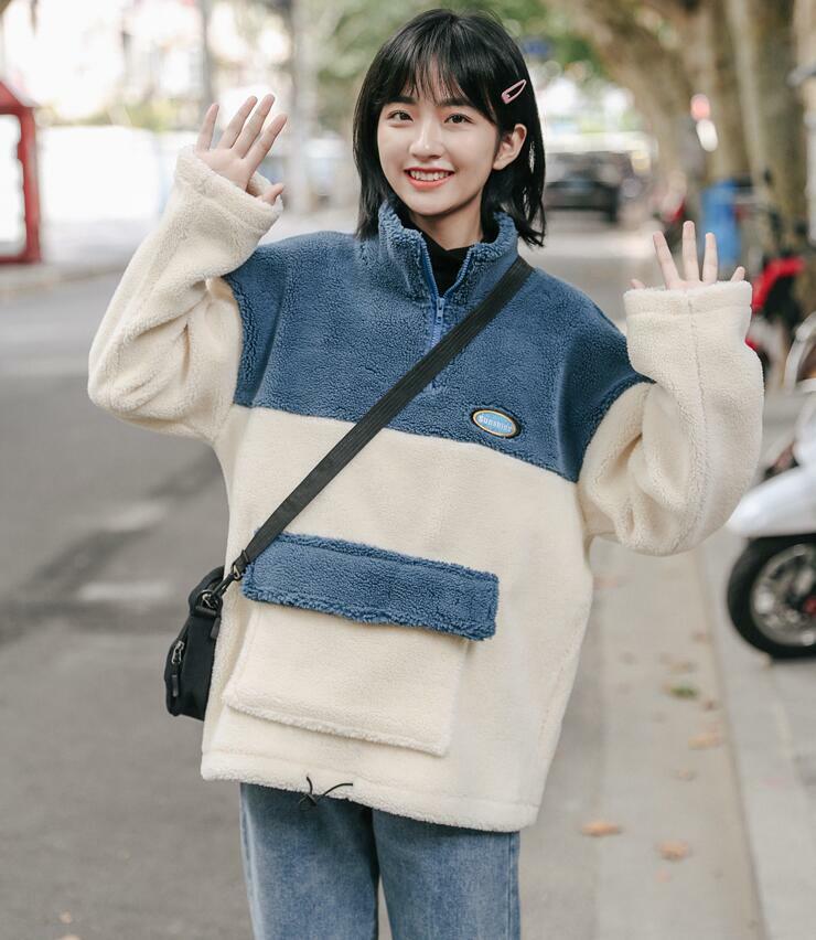 Cream and Blue Color-Block Fleece Jacket with Denim — Korean Winter Outfits