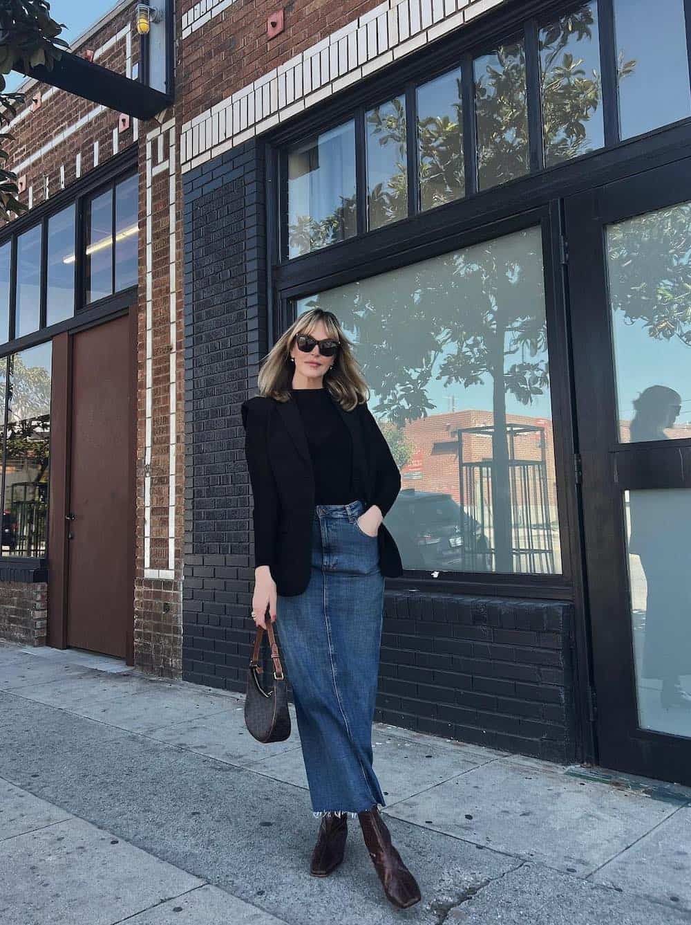 Denim Maxi Skirt with Blazer and Boots — Nashville Winter Outfits