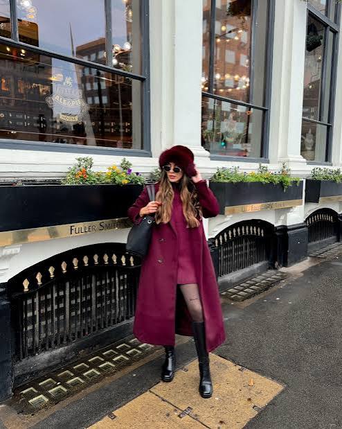 Elegant Burgundy Coat and Dress Ensemble — Europe Winter Outfits