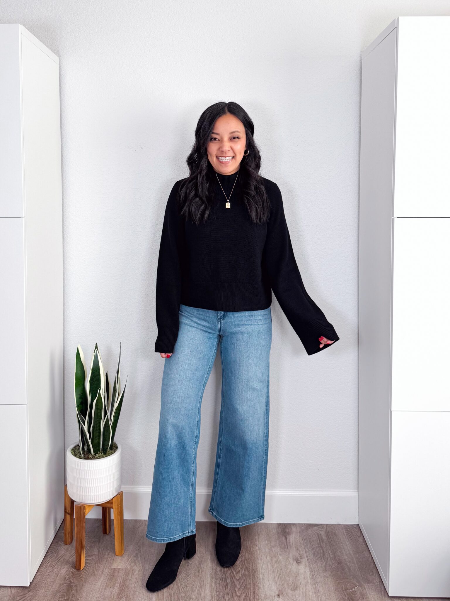 Casual Black Turtleneck with Wide-Leg Jeans — Warm Winter Outfits