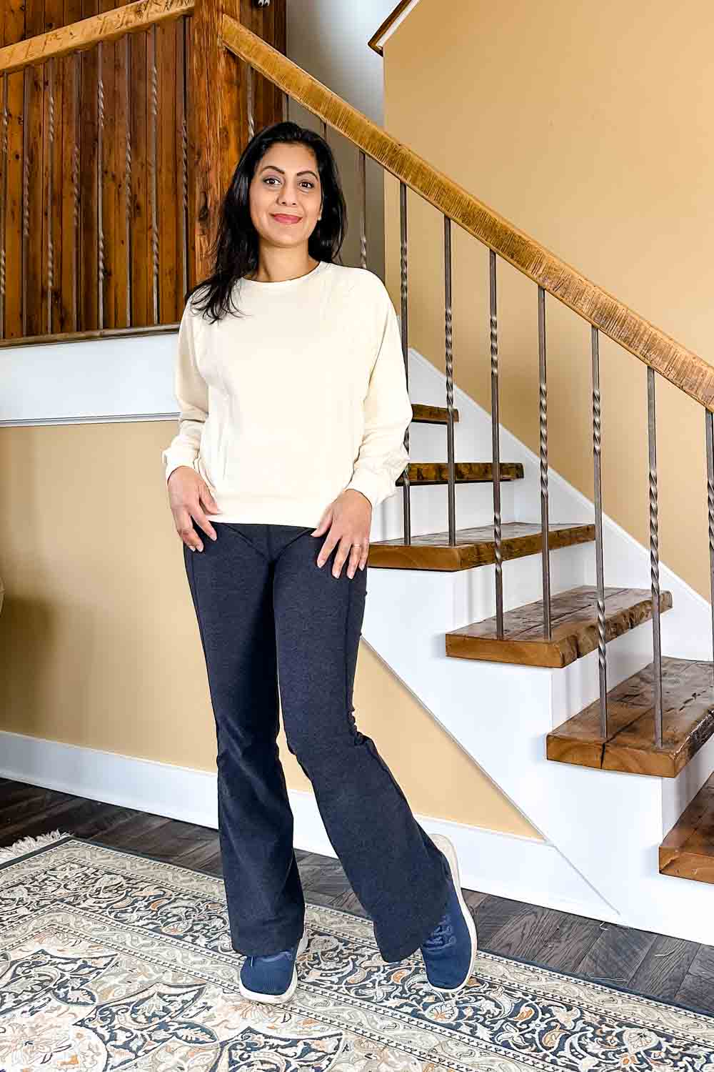 Relaxed Loungewear: Dark Grey Flare Leggings with Cream Sweatshirt Relaxed Loungewear: Dark Grey Flare Leggings with Cream Sweatshirt — Flare Leggings Outfits