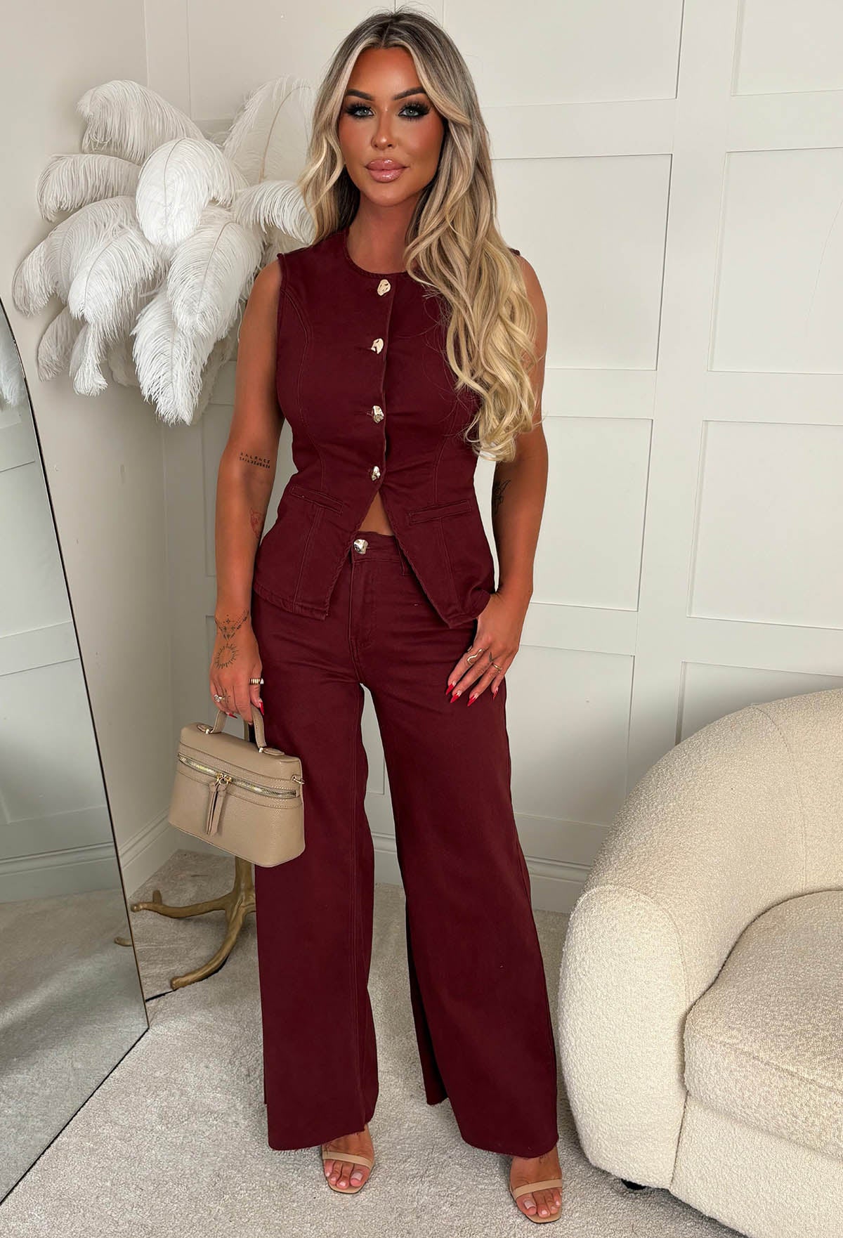 Burgundy Denim Co-ord with Wide-Leg Trousers — Burgundy Outfits