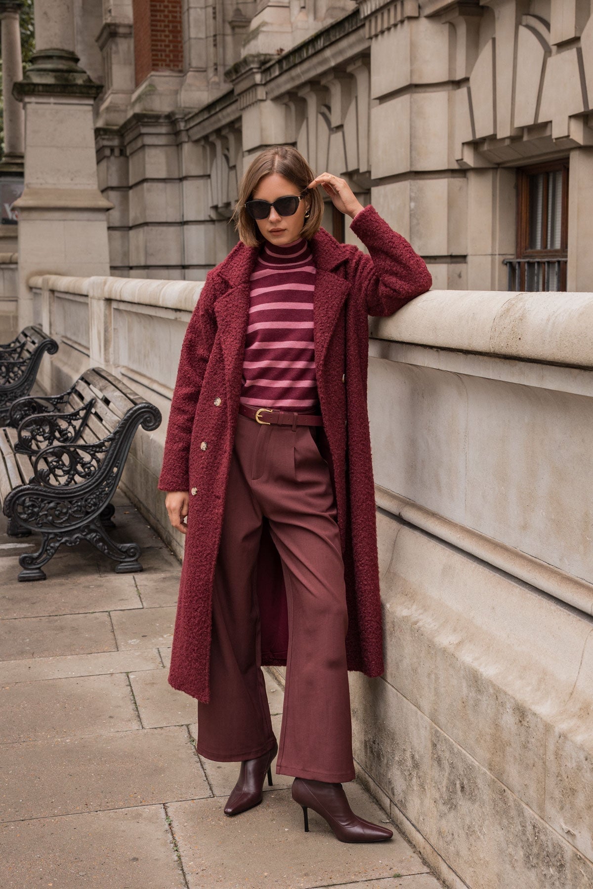 Textured Bouclé Coat in Burgundy Tones — Japan Winter Outfits