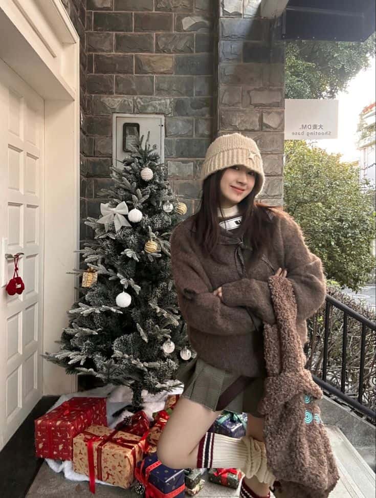 Fuzzy Brown Sweater with Mini Skirt and Festive Socks — Korean Winter Outfits