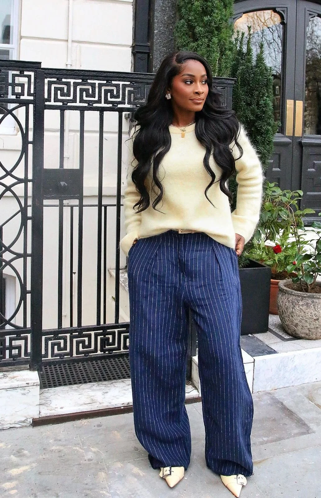 Fuzzy Sweater Meets Pinstripe Pants for Textural Contrast Fuzzy Sweater Meets Pinstripe Pants for Textural Contrast — Loungewear Outfits