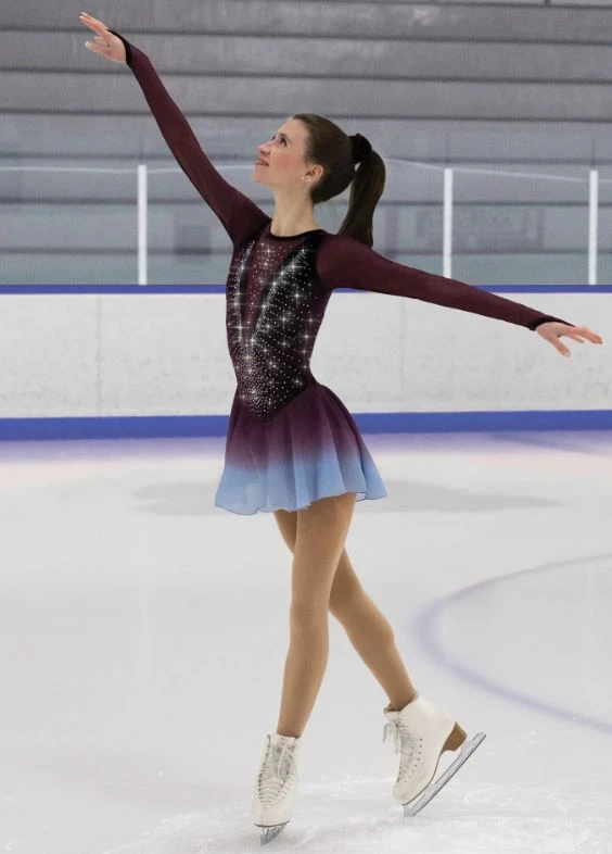 Burgundy to Light Blue Ombre Skating Dress with Rhinestone Bodice — Ice Skating Outfits