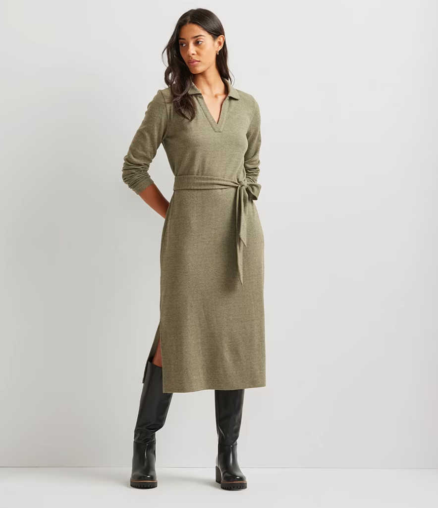 Olive Green Collared Knit Dress with Belt and Knee-High Boots — Winter Dress Outfits