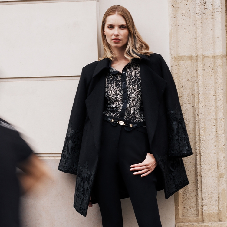 Lace-Detailed Black Coat and Trousers Lace-Detailed Black Coat and Trousers — Minimalist Winter Outfits