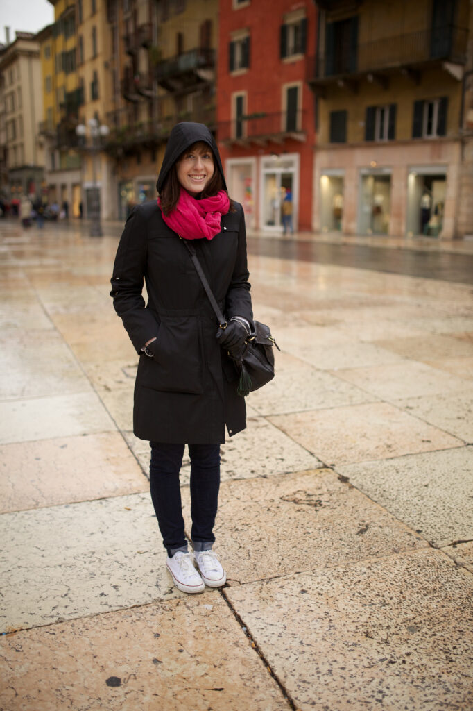 Casual Black Hooded Coat with Vibrant Scarf — Europe Winter Outfits
