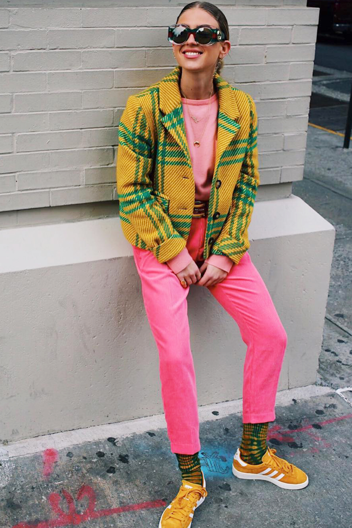 Vibrant Plaid Knit Blazer with Bright Pink Corduroy Pants — Colorful Winter Outfits