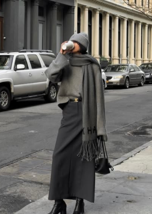 Monochromatic Grey Maxi Skirt and Sweater Ensemble — Winter Skirt Outfits