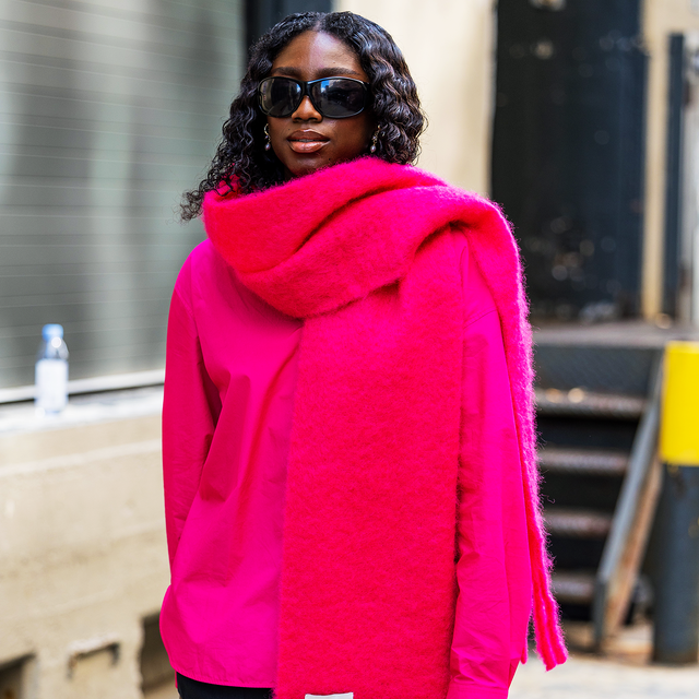 Textured Tan Scarf and Beanie with Black Dress — Winter Outfits