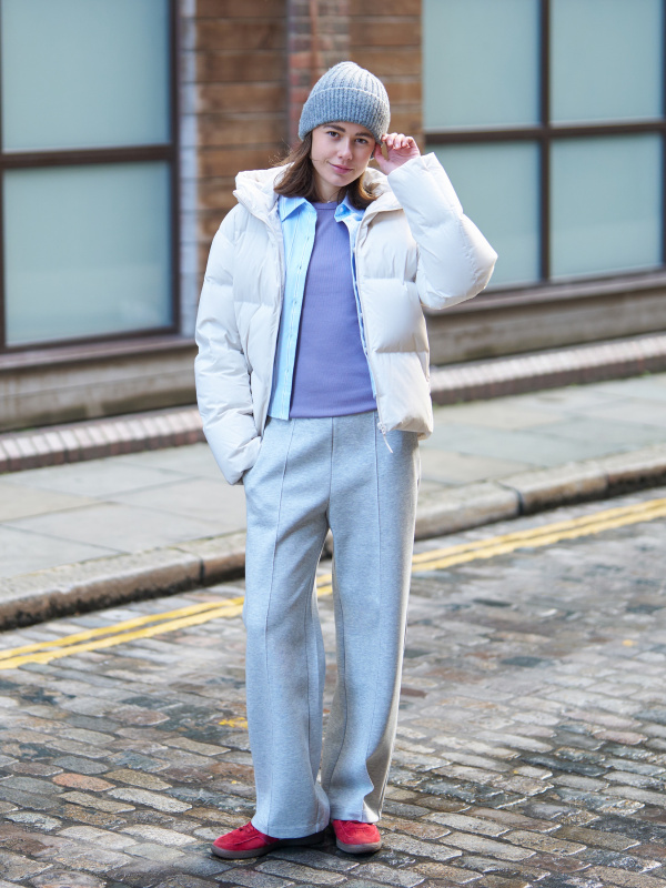 Cream Puffer Parka with Blue Shirt and Purple Jumper — Parka Outfits