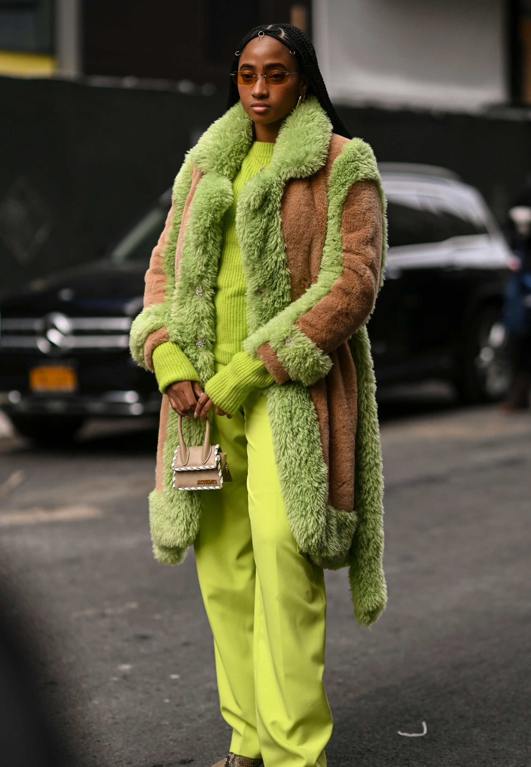Oversized Faux Fur Coat with Lime Green Knit and Pants Oversized Faux Fur Coat with Lime Green Knit and Pants — Preppy Winter Outfits