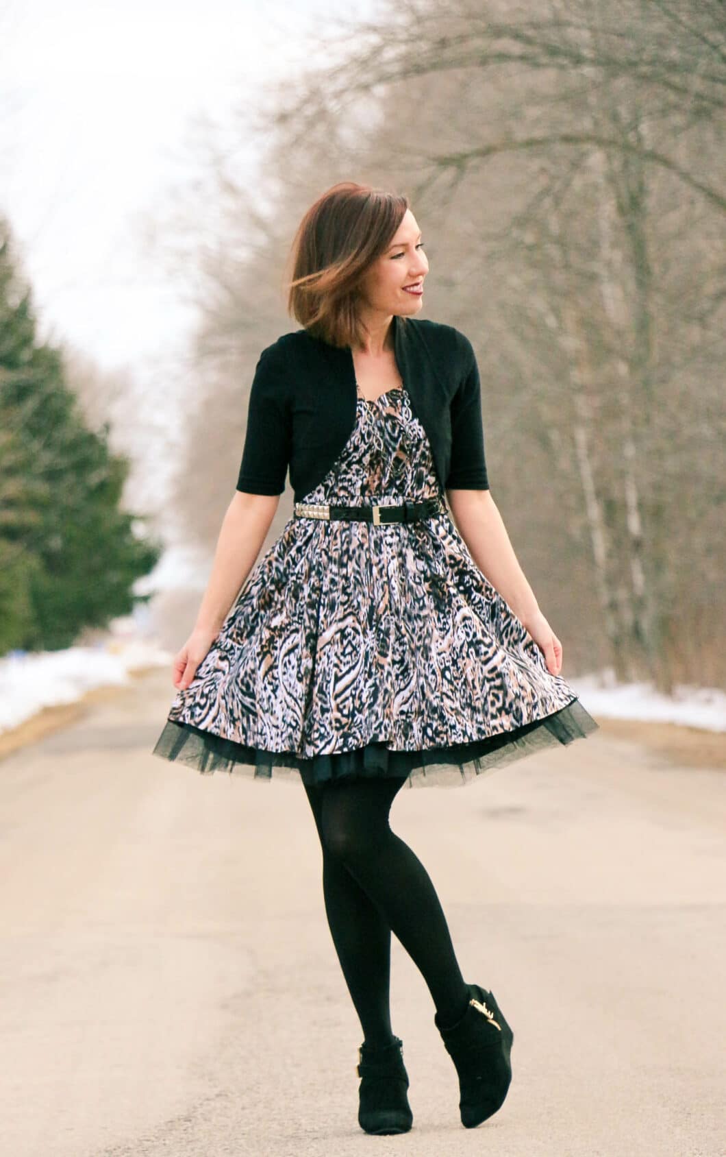 Patterned Fit-and-Flare Dress with Tulle Trim for a Festive Birthday Patterned Fit-and-Flare Dress with Tulle Trim for a Festive Birthday — Winter Birthday Outfits