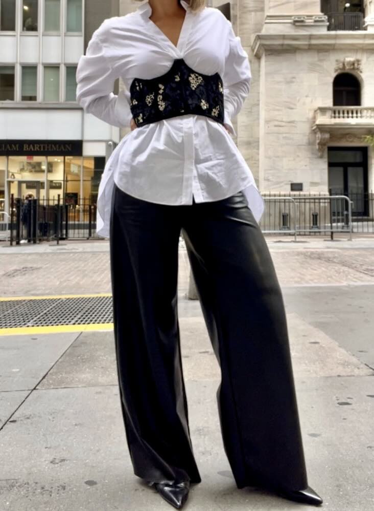 Fashion-Forward Evening: Wide-Leg Leather Pants with Corset Belt Fashion-Forward Evening: Wide-Leg Leather Pants with Corset Belt — Leather Pants Outfits