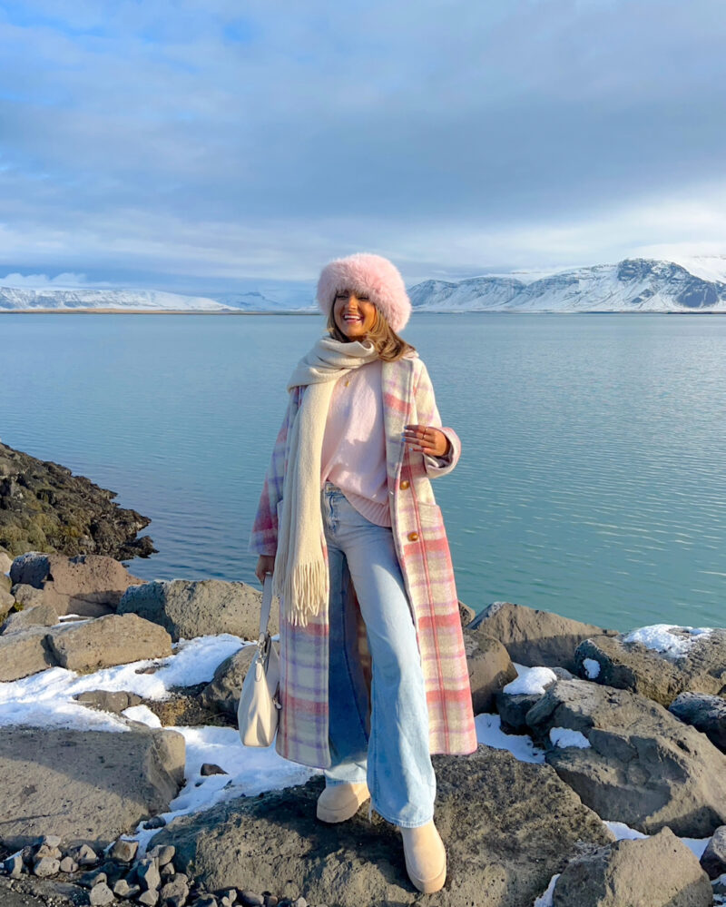 Playful Plaid Coat with Wide-Leg Jeans — Iceland Winter Outfits