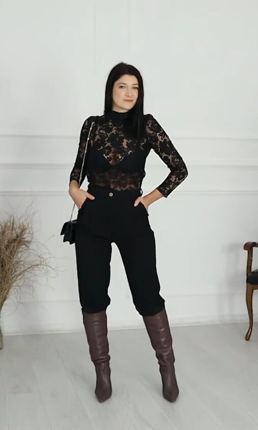 Lace Top and Trousers with Dark Brown Boots Lace Top and Trousers with Dark Brown Boots — Brown Boots Outfits