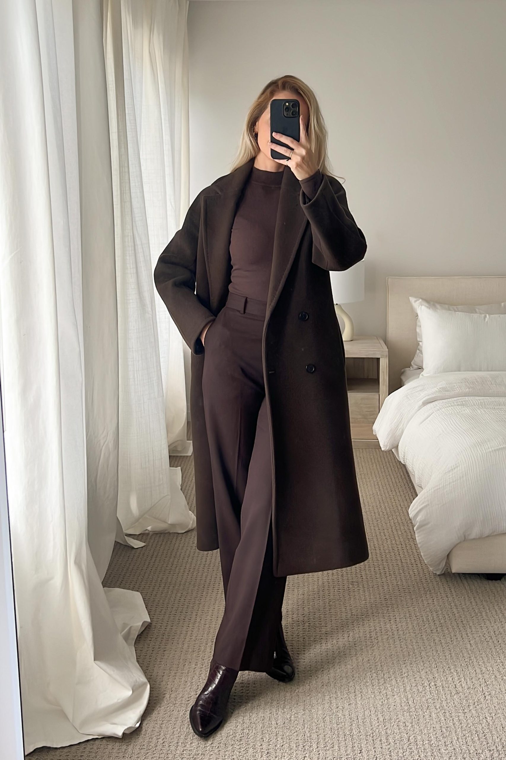 Chic Monochromatic Dark Brown Coat and Wide-Leg Trousers — Fall to Winter Outfits
